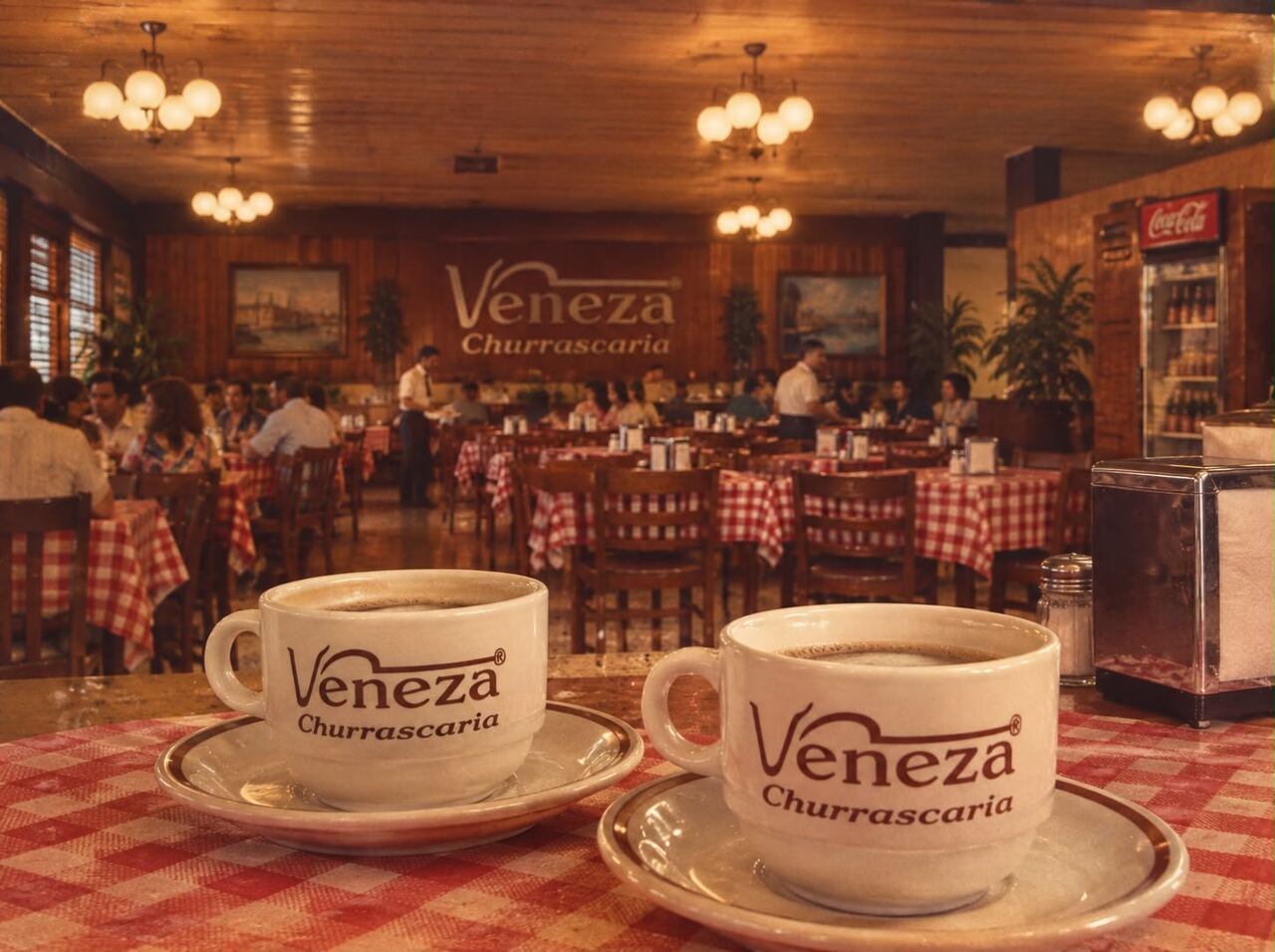 Salão da Veneza Churrascaria, com mesas de toalha xadrez e o letreiro da casa ao fundo